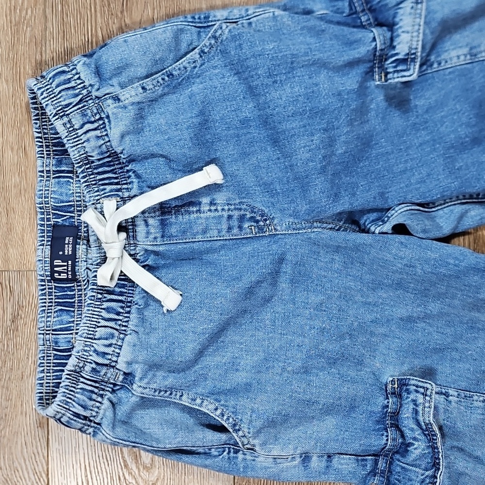 Gap High Rise Wide Leg Elastic Waist Drawstring Pull On Baggy Fit Cargo Jean - Picture 4 of 16